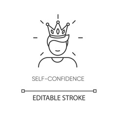 Self confidence pixel perfect linear icon. Thin line customizable illustration. Contour symbol. Self assured, egotistical person in crown vector isolated outline drawing. Editable stroke