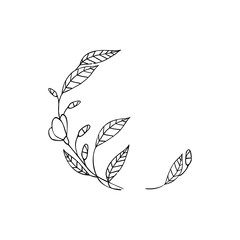 Vector botanical illustration, simple contour design template. Floral wreath line art for retro sketch greeting card. Summer banner in vintage style.