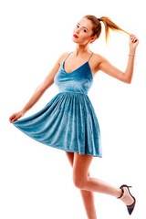 Naklejka premium Young beautiful woman with fashion dress on white background