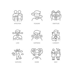 Feelings and emotions pixel perfect linear icons set. Various emotional reactions, human psychology customizable thin line contour symbols. Isolated vector outline illustrations. Editable stroke
