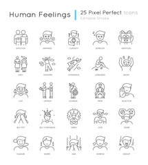 Human feelings pixel perfect linear icons set. Positive and negative emotions customizable thin line contour symbols. Different mental states. Isolated vector outline illustrations. Editable stroke