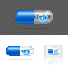 Mock up Realistic Transparent Pill Vitamin Zinc Medicine Capsule Panel on White Background Vector Illustration. Tablets Medical and Healthcare Concept.