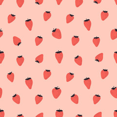 Cute seamless pattern with red strawberries. Natural summer print with berry, fresh fruits in hand drawn style. Colorful vector strawberry background.