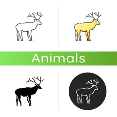 Deer icon. Linear black and RGB color styles. Hoofed ruminant mammal, herbivore animal with beautiful antlers. Forest wildlife. Majestic reindeer, horned stag isolated isolated vector illustrations
