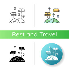 Couchsurfing icon. Linear black and RGB color styles. Budget tourism. Finding affordable accommodation in travel. Hospitality exchange. World map with couches isolated vector illustrations