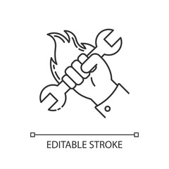 Human labor pixel perfect linear icon. Manufacturing thin line customizable illustration. Contour symbol. Maintenance service. Hand holding spanner vector isolated outline drawing. Editable stroke