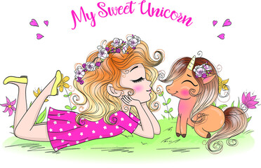 Naklejka na ściany i meble Hand drawn beautiful cute little princess girl with unicorn on the rainbow. Vector illustration.