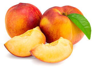 peach fruit with green leaf and slice isolated on white background