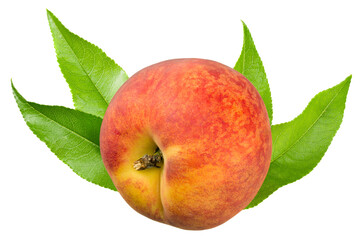 peach fruit with green leaf isolated on white background