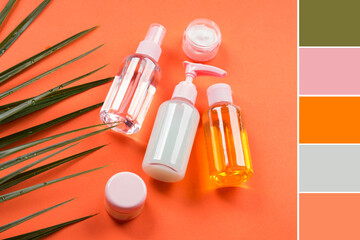 Generic beauty products on orange coral background. Color swatch