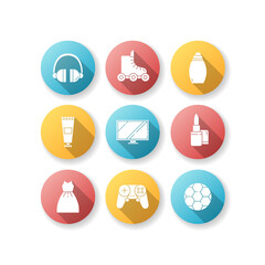 Online shop categories flat design long shadow glyph icons set. Electronic devices. Modern technology. Digital screens. TV monitors. Art and craft. Repair tool. Silhouette RGB color illustration