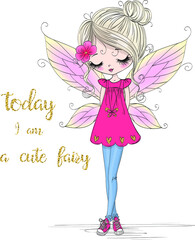 Fototapeta na wymiar Hand drawn beautiful cute little fairy girl with wings. Vector illustration.