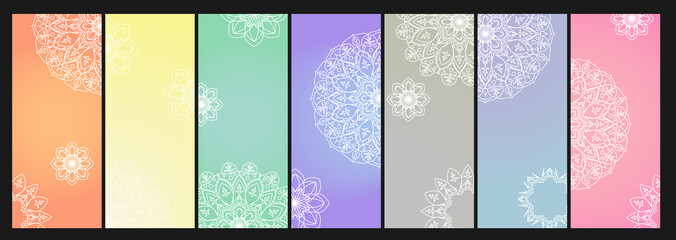 Mandala cards collection of yoga in pastel colors.  Hand drawn mandala design. Vector templates for printing posters, advertising banners, yoga studio and spa.