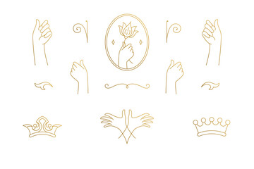 Vector line elegant decoration design elements set - crowns and gesture hands illustrations minimal linear style