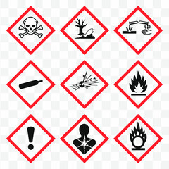 GHS pictogram hazard sign set. Isolated on  background. Dangerous, hazard symbol icon collection. Vector illustration image. - obrazy, fototapety, plakaty