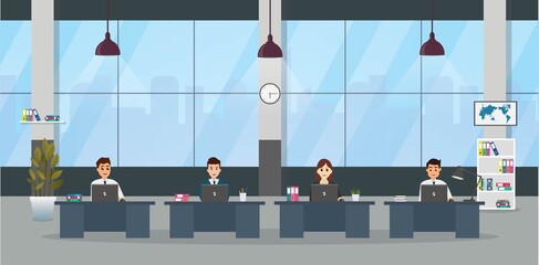 Business people, modern office interior with employees. 