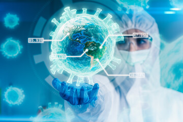 Scientist hand holding virtual interface