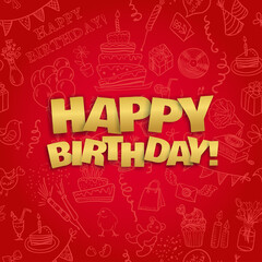 Happy Birthday Card with doodle hand drawn symbols of Birthday party. Vector illustration 