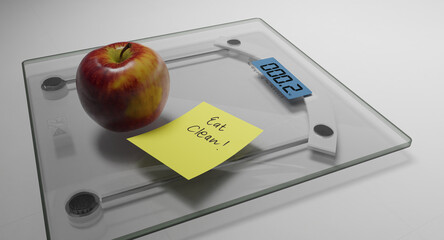 conceptual and modern still life delicious apple and yellow posit note text saying eat clean stuck on bathroom scale in weight loss dieting and healthy nutrition