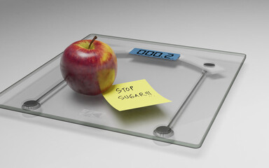 conceptual and modern still life delicious apple and yellow posit note text saying stop sugar stuck...