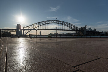 "Sydney, NSW / Australia - April 17, 2020: Sydney Opera House and Circular Quay surroundings completely isolated and with social distancing due to Coronavirus outbreak"