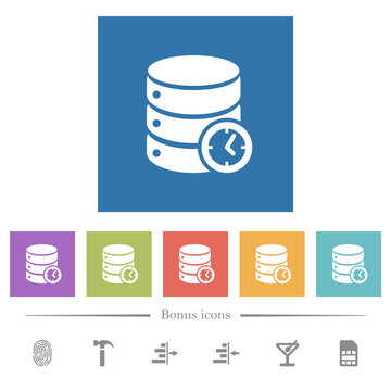 Database timed events flat white icons in square backgrounds