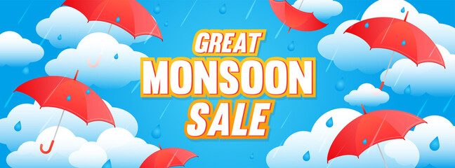 Great Monsoon Sale Banner Vector Illustration. rainy season promotion with red umbrellas