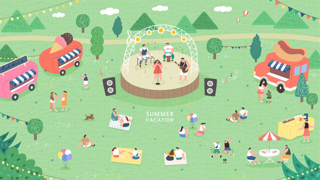 outdoor music festival concept illustration. People have picnic in park. People sits on green grass, eats on picnic, spend summer weekend outdoors.
