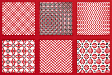 Slavic geometric seamless patterns set. Vector illustration of tileable Slavic embroidery backgrounds