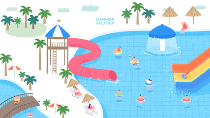 A vector illustration of peoples playing in the water park. 
 - obrazy, fototapety, plakaty