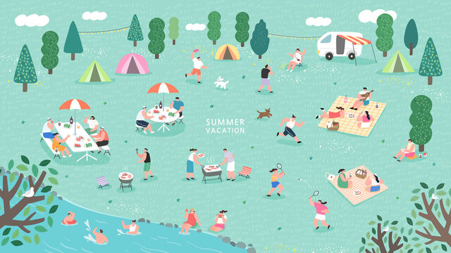 Summer camp festival. People or tourists living in tents, travel trailers and camper vans, cooking and eating food outdoor, playing, talking to each other
