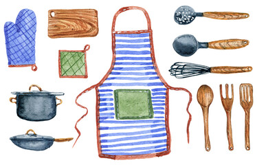 Kitchen accessories. Watercolor hand-drawn illustration.