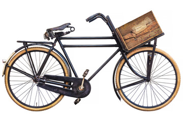 Vintage zwarte bakfiets met oud houten transportkrat