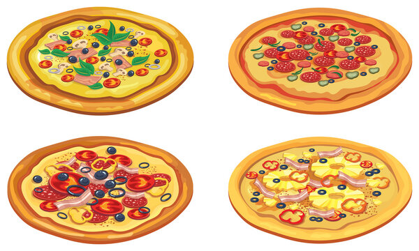 Set of different pizzas. Italian fast food in cartoon style.