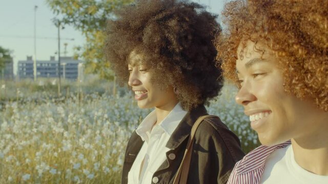 closeup side following portrait of two mixed race black woman walking in the park and talking Slow motion from 60 fps