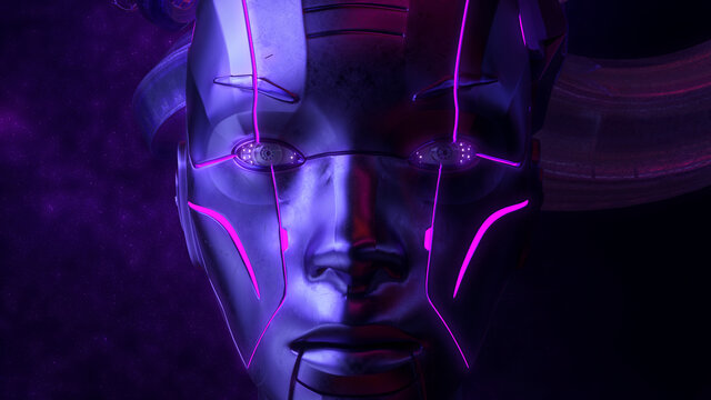 Futuristic neon glowing female AI head with open eyes and extraordinary hairdress | Abstract Art | illuminated by neon lights | ASMR / wave music banner background | 3D Render Illustration
