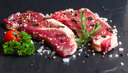 Fresh rare  striploin beef portion with seasoning , herb and spice on  black stone background