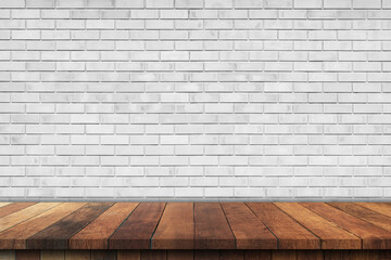 Empty wood table over white brick wall background, product montage display background