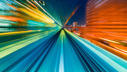 Abstract high speed technology POV train motion blurred concept from the Yuikamome monorail in Tokyo, Japan