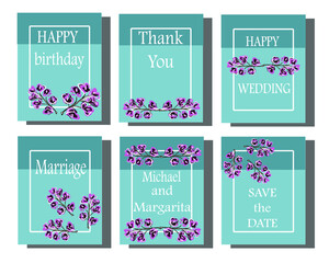 Vector cards and business cards for the holidays, wedding invitations. Birthday. Blue background and pink flowers. Isolated objects.