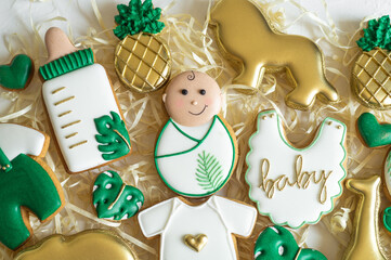 Multicolored gingerbread cookie on a white background. Baby Shower concepts