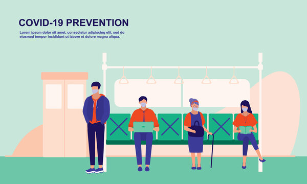 Passengers Sitting Next To Each Other With Empty Space In Between In Subway Train. Social Distancing And Covid-19 Coronavirus Outbreak Prevention Concept. Vector Flat Cartoon Illustration. 