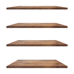 4 Wood shelves table isolated on white background and display montage for product.