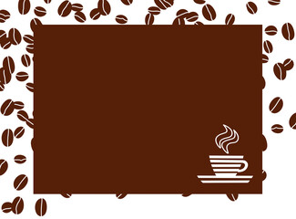 Cup and coffee beans, brown background for notes