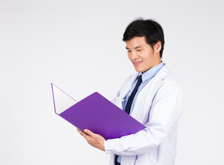 Asian male doctor standing and holds a purple file.