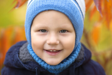 large portrait of a little boy in a blue hat and scarf on a background of orange leaves in late autumn, the child laughs and looks at the camera. Image with selective focus