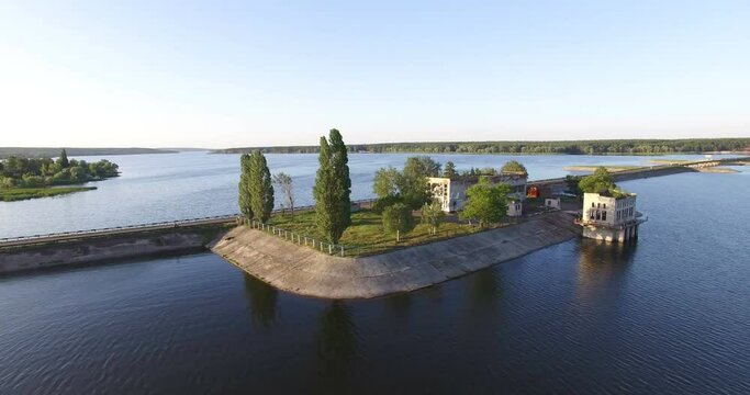 Aerial view to old pumping station on dam