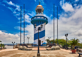 Guayaquil , Ecuador- March 8 , 2020 : Lighthouse of Santa Anna fort Las Penas district landmark of Guayaquil Ecuador in south america - obrazy, fototapety, plakaty