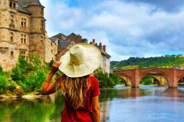 woman tourist in France, Espalion in Aveyron