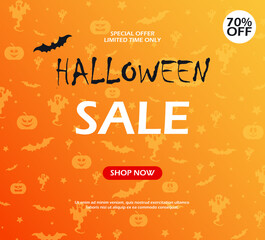 Halloween Sale vector banner. Pumpkin, witch hat, skull, bat. Great for voucher, offer, coupon, holiday sale.